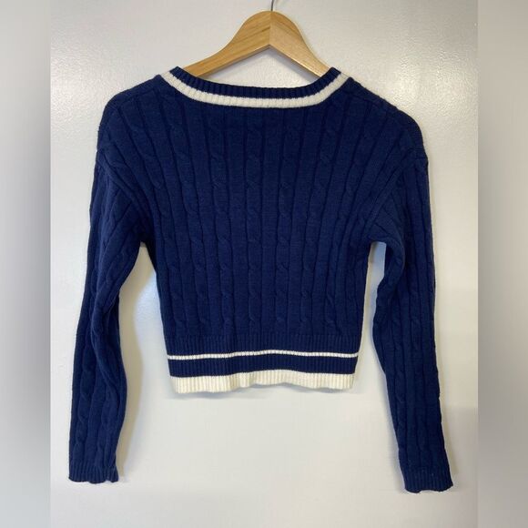 Willow & Wind Size M Navy Blue and White Cable Knit Cropped Girlhoodcore Sweater - Picture 2 of 7